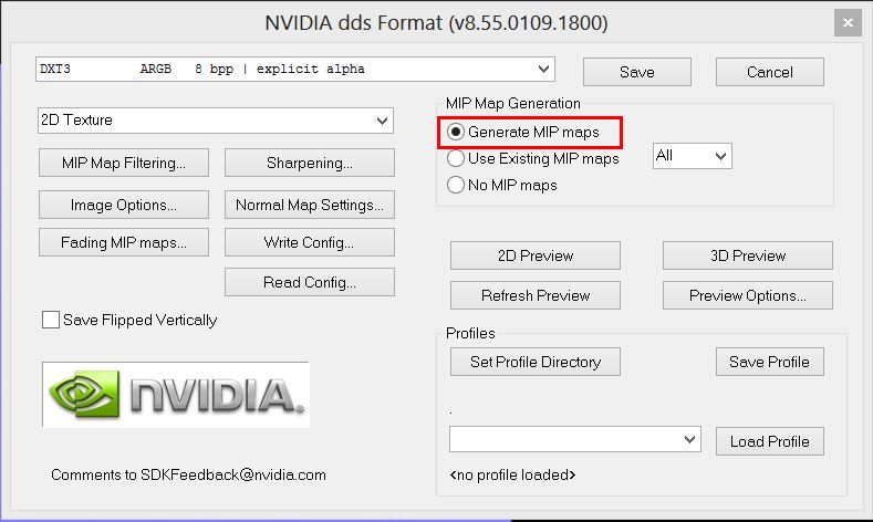 Diffuse and Specular textures should be saved with DXT3 or DXT5 (8 bpp) formats.